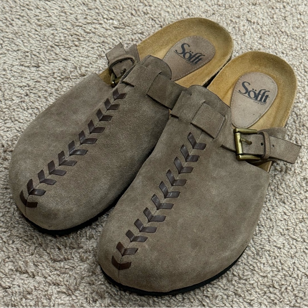 Sofft Taupe Suede Mules with Buckle Detail